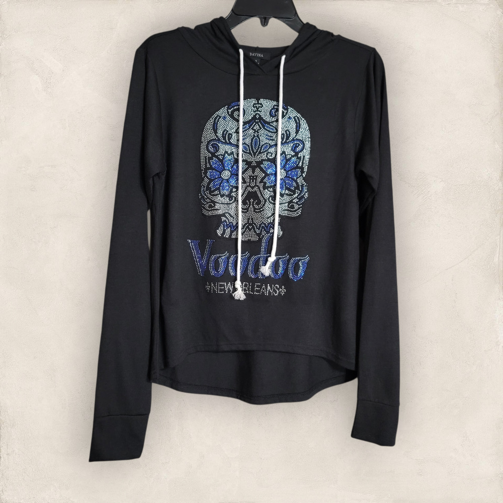 Davina Black Voodoo New Orleans Embellished High-Low Hem Hoodie Sweater Size S